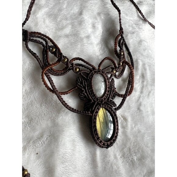 Artisan Braided Hemp Flash Labradorite + Rainbow Moonstone Necklace - Picture 2 of 4